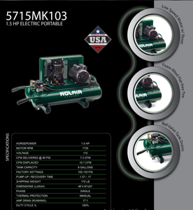 Rolair Systems 90 PSI @ 7.3 CFM Single Stage 115/230 Volt – 60 Hz 1.5HP 9gal. Electric Belt Drive Air Compressor