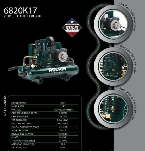 Rolair Systems 90 PSI @ 8.8 CFM Single Stage 115/230 Volt – 60 Hz 2HP 9gal. Electric Air Compressor