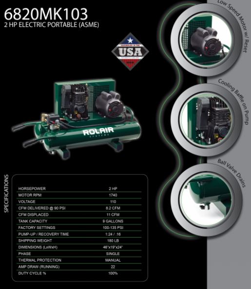 Rolair Systems 90 PSI @ 8.2 CFM Single Stage 115/230 Volt – 60 Hz 2HP 9gal. Belt Drive Electric Air Compressor